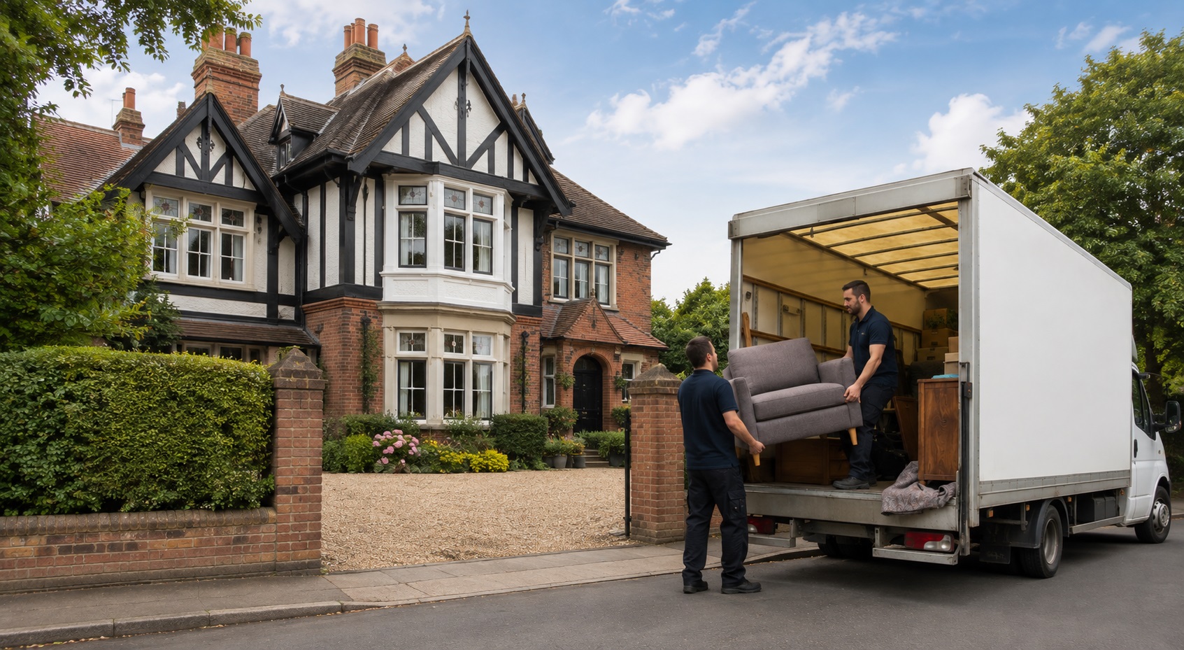House clearance team loading a sofa into a van outside a house